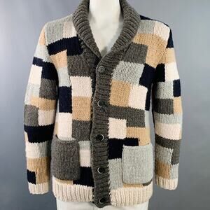 BARENA Size XL Grey Tan Brown Patchwork Virgin Wool Shawl Collar Cardigan